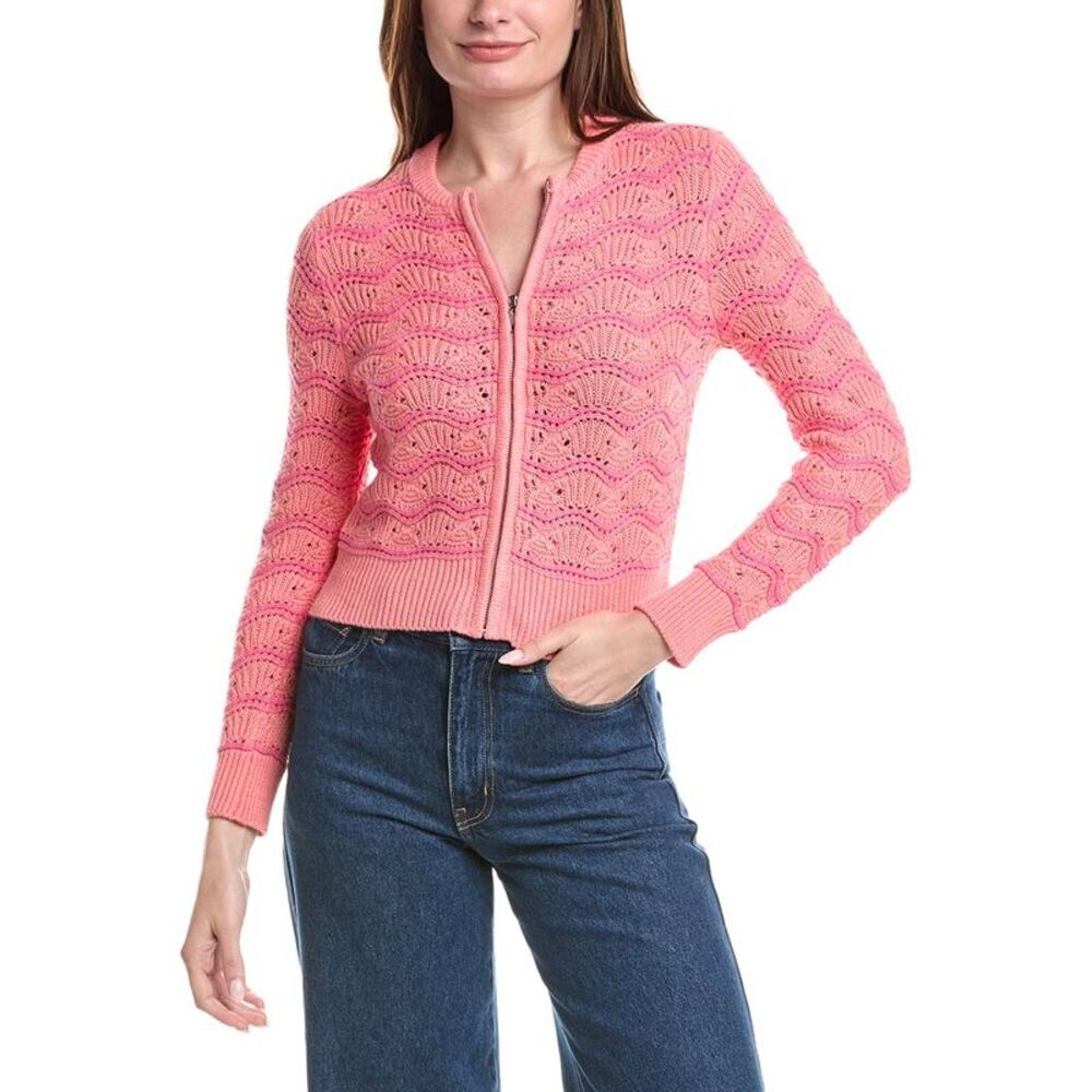 &Isla Womens  Eliza Pointelle Stripe Zip Bomber Jacket, Pink